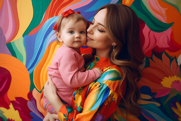 young happy mother holds a child in her arms Mother hugs a child on a multi-colored background. generative ai