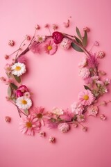 A floral flatlay of small pink flowers in a wreath with copy and text space, suitable for weddings and Women's Day. (Generative AI)
