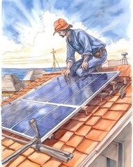 A worker installs solar panels on a roof. (Generative AI)