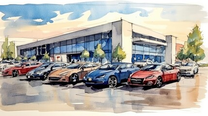 Fototapeta na wymiar Car showroom has various brand cars for sale in its parking area. (Generative AI)