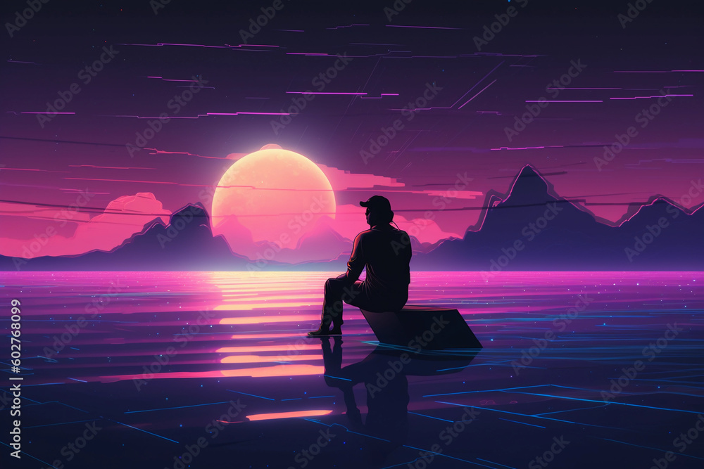 Wall mural Neon retrowave or synthwave background with a man sitting on top of mountain lookin to the horizon. generative ai.