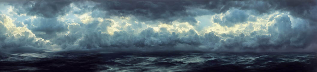 Obraz premium panoramic photo of a storm cloud-filled cloudscape above the vast expanse of the sea. 