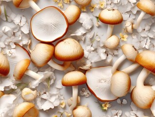 Fototapeta premium White Mushrooms background as seamless tile (generative AI)