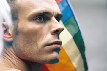 Side view of serious caucasian young man with LGBT flag. Defense of human rights and equality. Generative AI.
