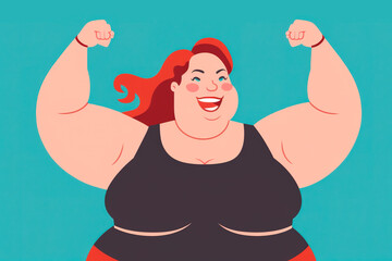 Cheerful overweight fitness woman. Vector illustration of happy and positive female making force with the arms and looking at camera against blue background. Generative AI.