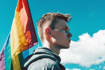 Young man with LGBTrainbow flag in casual clothes standing against blue sky with clouds on a sunny day. Generative AI.