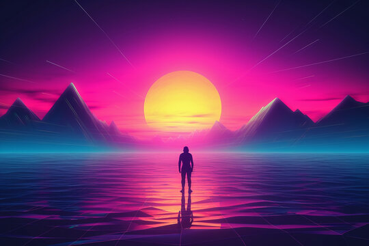 Neon retrowave or synthwave background with a man sitting on top of mountain lookin to the horizon. generative ai.