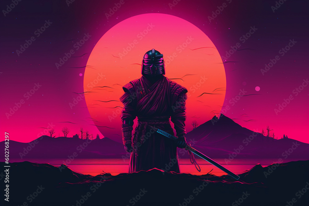 Wall mural cyberpunk samurai with neon color. generative ai.