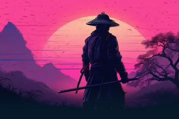 Peel and stick wall murals Pink cyberpunk samurai with neon color. generative ai.