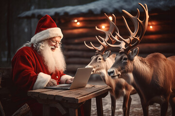 smiling santa claus writes a message in a laptop with deer technologies Generative ai - obrazy, fototapety, plakaty