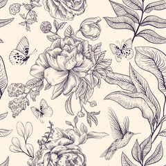 Seamless monochrome pattern with flowers. Nature background. Background with sketch flowers and butterflies. Retro floral wallpaper
