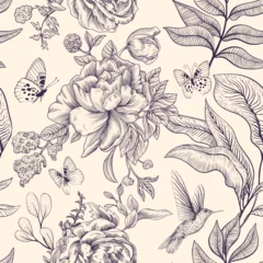 Foto op Plexiglas Seamless monochrome pattern with flowers. Nature background. Background with sketch flowers and butterflies. Retro floral wallpaper © sunny_lion