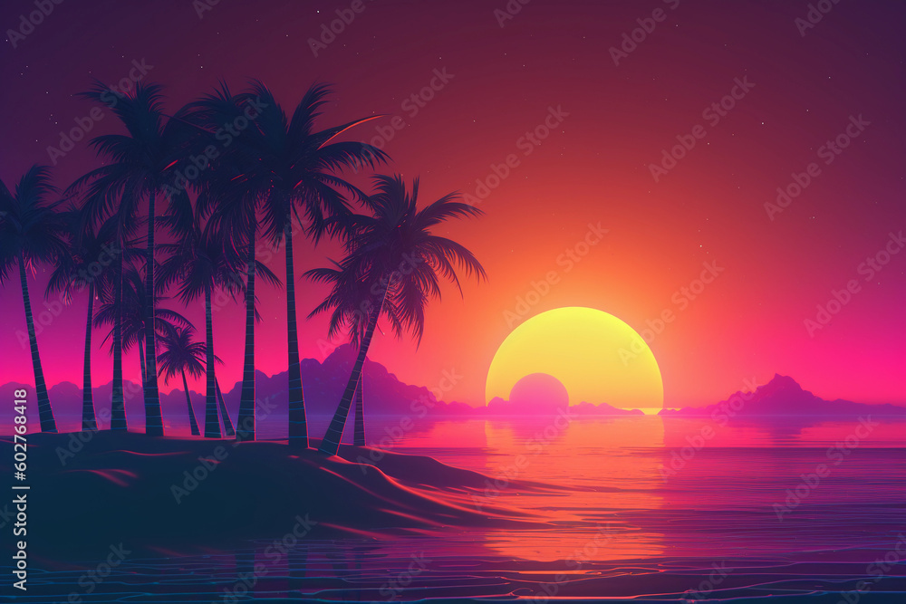 Poster Neon retrowave or synthwave background with grid and sun. generative ai