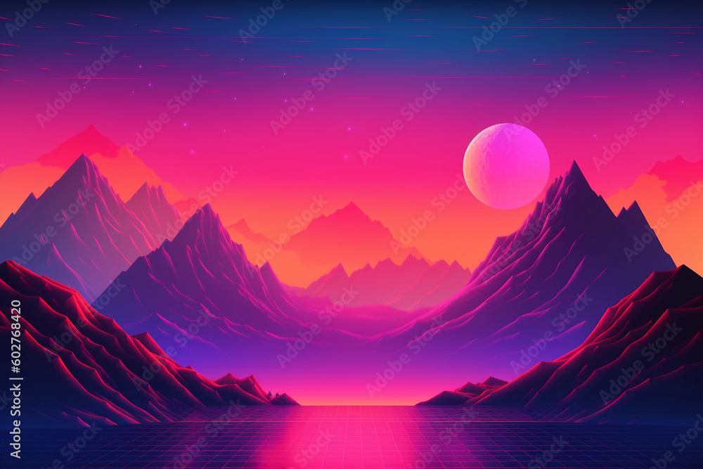 Poster neon retrowave or synthwave background with grid and sun. generative ai
