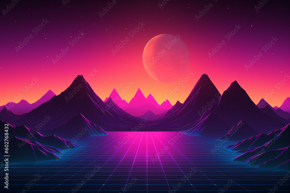 Poster neon retrowave or synthwave background with grid and sun. generative ai