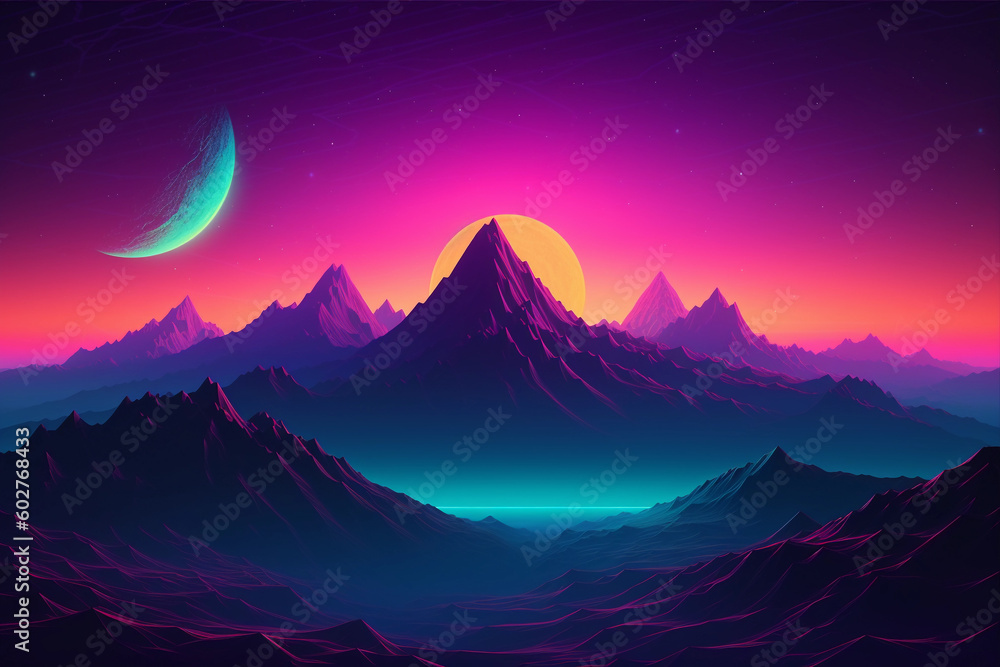 Wall mural Neon retrowave or synthwave background with grid and sun. generative ai