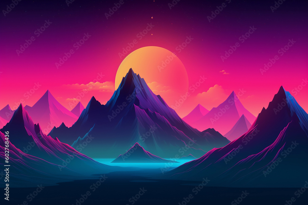 Poster neon retrowave or synthwave background with grid and sun. generative ai