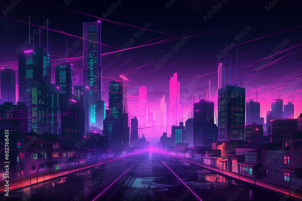Poster neon retrowave or synthwave background with grid and sun. generative ai