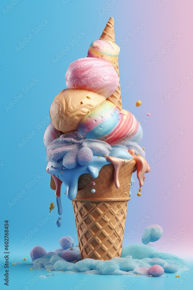 Poster a waffle cone stuffed with as many different flavors of ice cream as possible generative ai