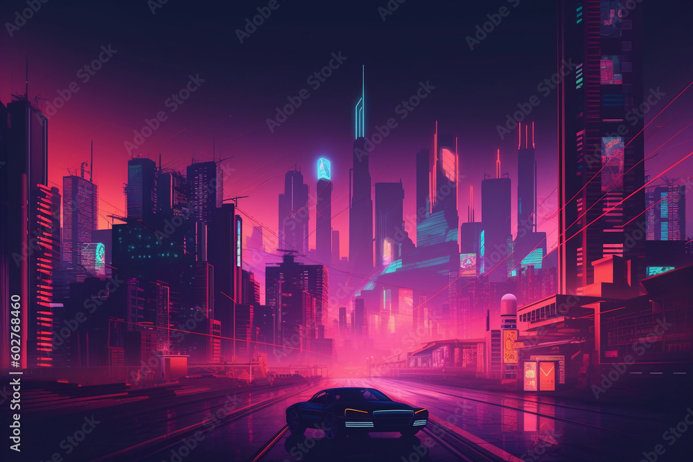 Poster neon retrowave or synthwave background with grid and sun. generative ai