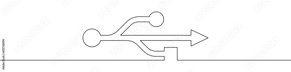 Poster USB port line continuous drawing vector. One line USB port vector background. USB port icon. Continuous outline of USB port. USB`c ports linear design.