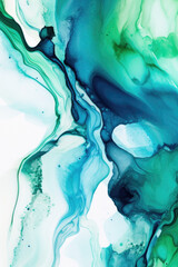 Green and blue alcohol ink background. Abstract ink texture. Generative AI.