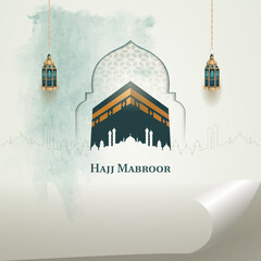 islamic hajj pilgrimage card design with two gold lanterns and holy kaaba