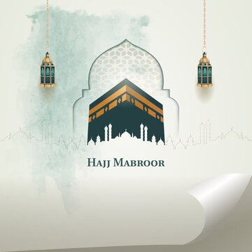 islamic hajj pilgrimage card design with two gold lanterns and holy kaaba