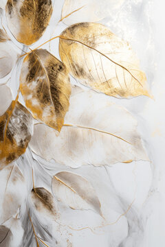 Fototapeta Gold leaves oil painting. Gold floral background. Generative AI.