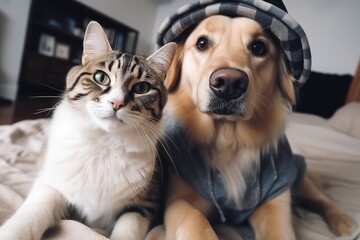 Dog and cat are friends and take a selfie while sitting together in clothes, generative ai