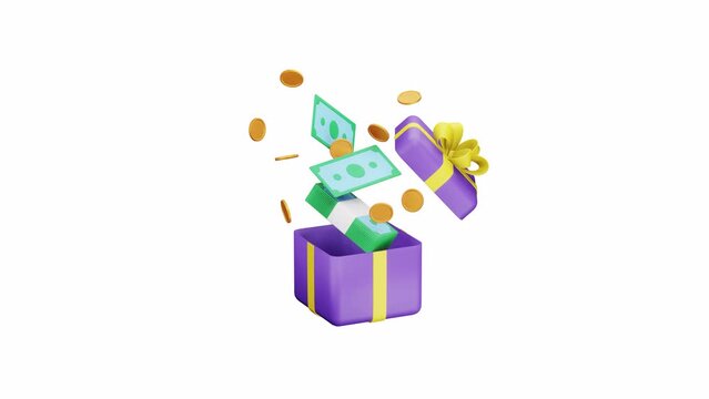 Gift box with money animation. Gold Coins and Dollar Banknotes. 3d render motion graphics. surprise, earn money, win. earning prizes, bonus or rewards, loyalty program, Casino, Online Game concept