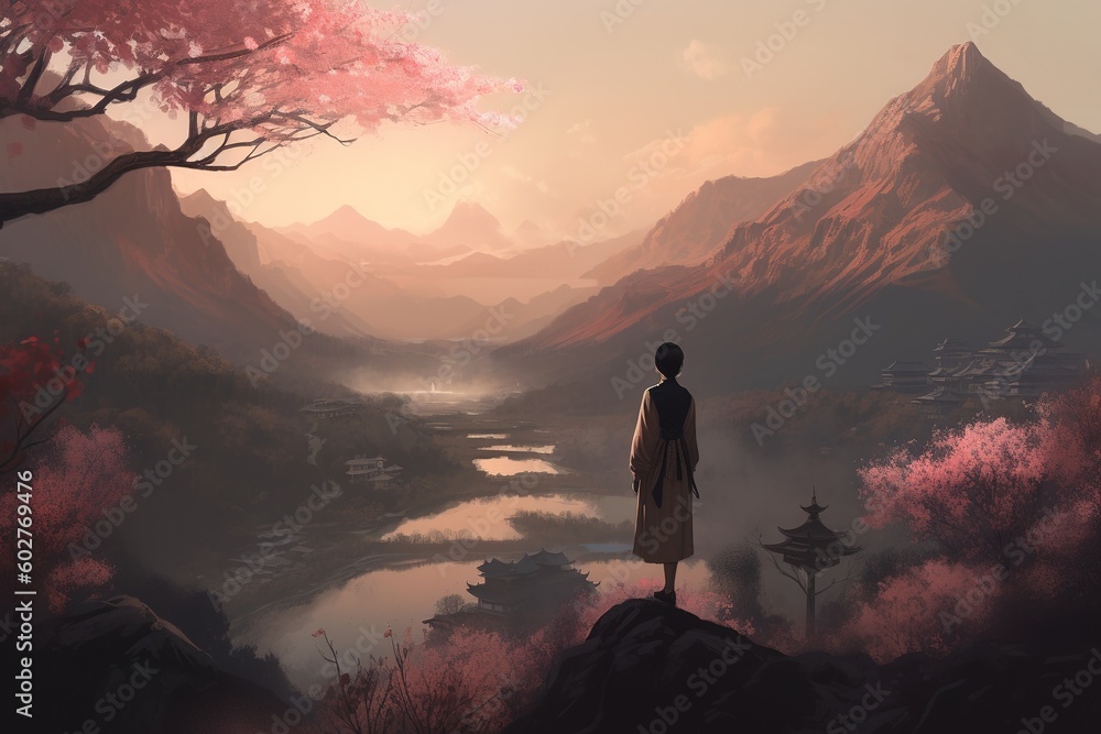Poster a person perched on a hill with a view of a river below them generative ai