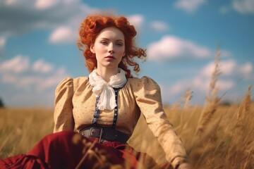 portrait of a woman in a field wearing 19th century style clothing on a summer day - 602769446