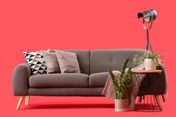 Cozy grey sofa, coffee table and houseplants on red background