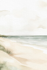 Beach and ocean watercolor landscape. Summer watercolor background. Generative AI.
