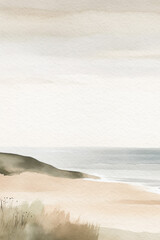 Beach and ocean watercolor landscape. Summer watercolor background. Generative AI.