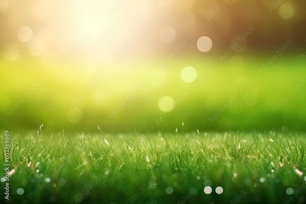 Poster lush green field with blades of grass in close-up generative ai