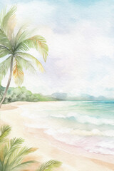 Tropical beach background. Summer watercolor landscape. Tropical island with palm trees. Ocean and beach summer wallpaper. Generative AI.