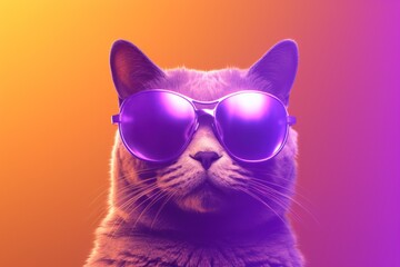 Minimalist illustration of a cool purple cat wearing sunglasses, with an orange-toned background. Concept of fun, modern, and playful feline design