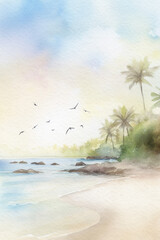 Tropical beach background. Summer watercolor landscape. Tropical island with palm trees. Ocean and beach summer wallpaper. Generative AI.