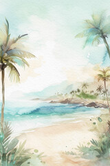 Tropical beach background. Summer watercolor landscape. Tropical island with palm trees. Ocean and beach summer wallpaper. Generative AI.