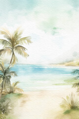 Fototapeta na wymiar Tropical beach background. Summer watercolor landscape. Tropical island with palm trees. Ocean and beach summer wallpaper. Generative AI.
