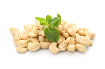 Heap of tasty cashew nuts isolated on white background