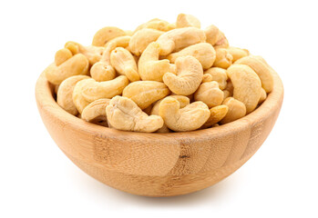 Bowl with tasty cashew nuts isolated on white background