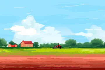 rural landscape with a red tractor working in a field Generative AI