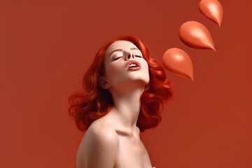 Beautiful young redhead woman in seductive pose with balloons surrounding her - 602770474
