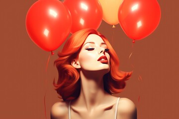 Beautiful young redhead woman in seductive pose with balloons surrounding her - 602770478