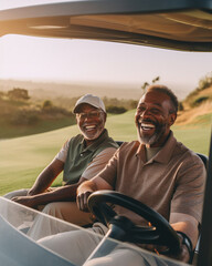 Naklejka premium father and son riding on a golf cart, golf course, fathers day sunset