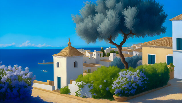 Andalusia cityscape, olive trees, White walls, colorful flowers, bright sunlight, azure sea, poetic, delicate, very realistic 32k