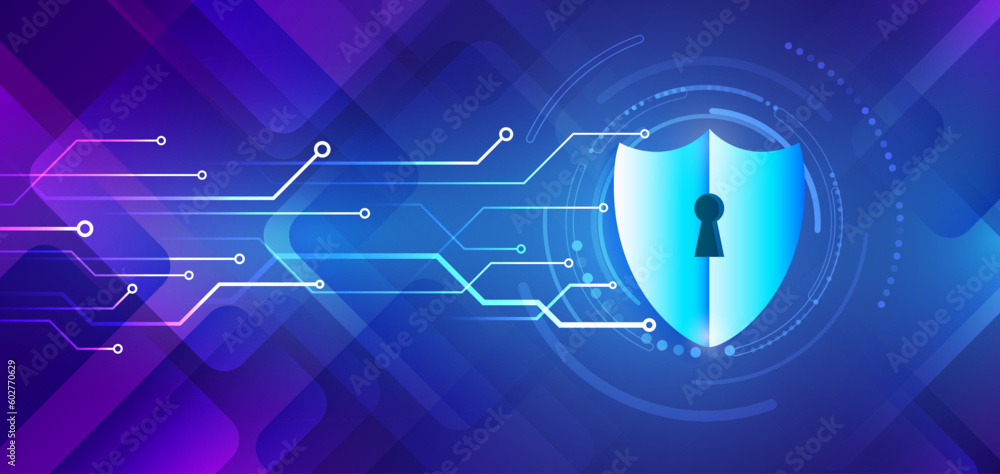 Poster Data security system, information, or network protection. Cyber security and data protection. Shield icon, future technology for verification. Abstract high-tech background.